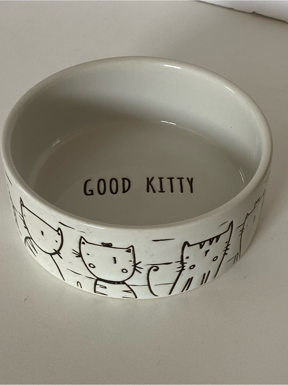 Cat Bowl Food Water Good Kitty White Ceramic 4.5” Embossed Cats All Around EUC